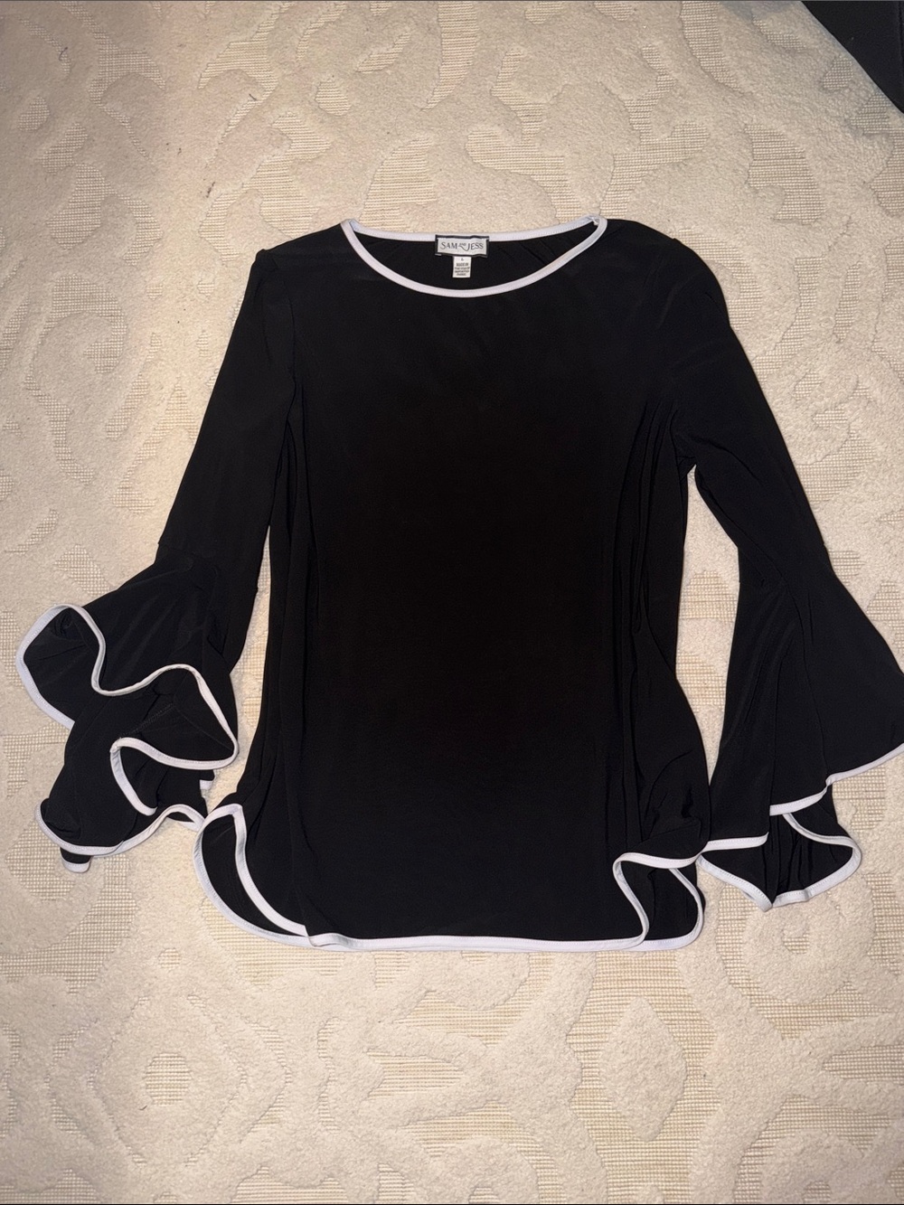 Sam & Jess Black Long-Sleeve Ruffle Top with White Trim
